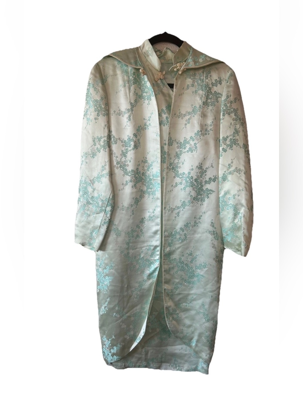 Vintage Chinese Qipao Dress & Duster Set Mint Silk Brocade Floral M Luxury